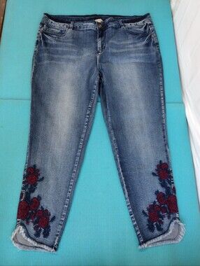 Loralette Floral Embroidered Ankle Raw Jeans High Rise Skinny Stretchy Sz 20